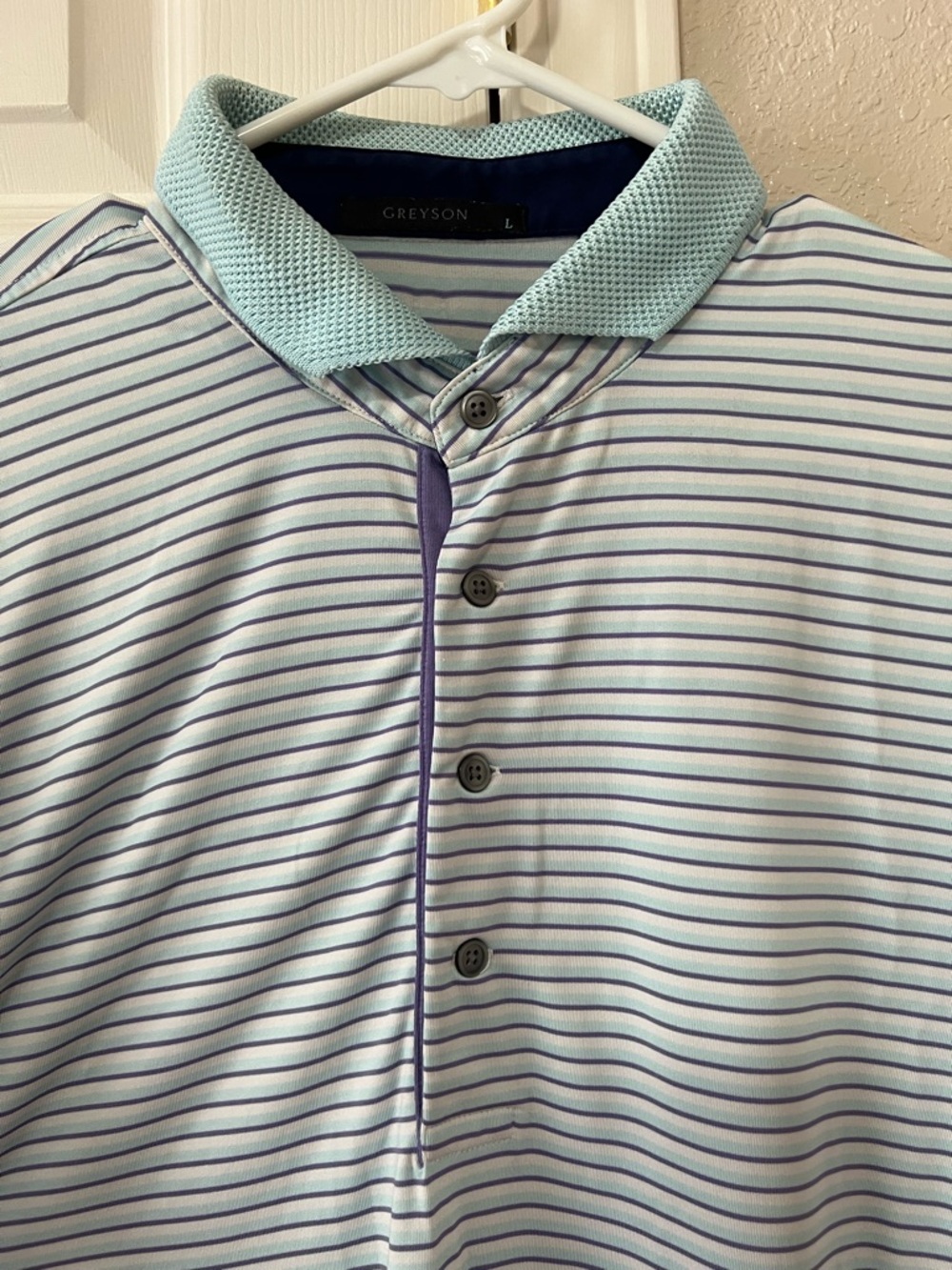 Greyson Men’s Light Blue Striped Performance Golf Polo Size Large - Picture 3 of 10